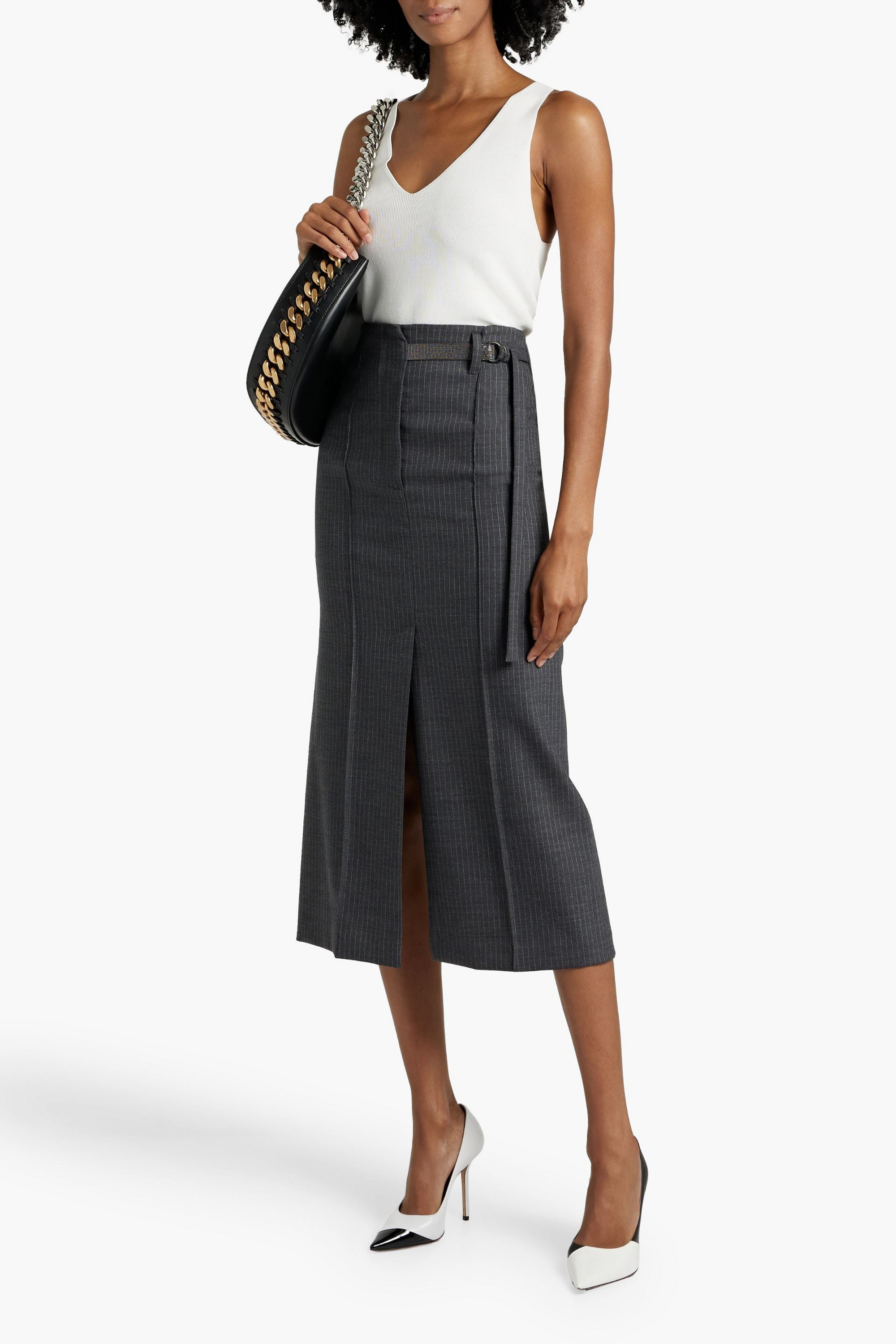 Brunello Cucinelli Belted pinstriped wool-blend midi skirt
