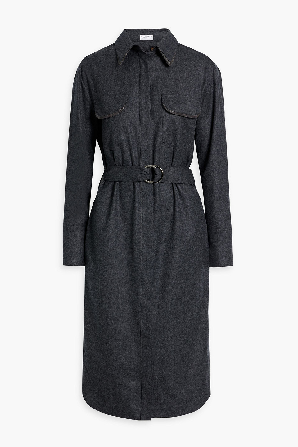 Brunello Cucinelli Bead-embellished Wool-flannel Midi Shirt Dress In Grey