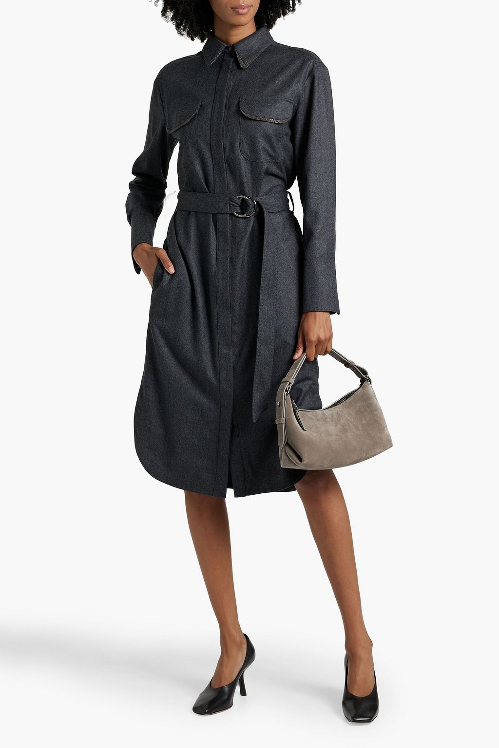 BRUNELLO CUCINELLI Bead-embellished wool-flannel midi shirt dress