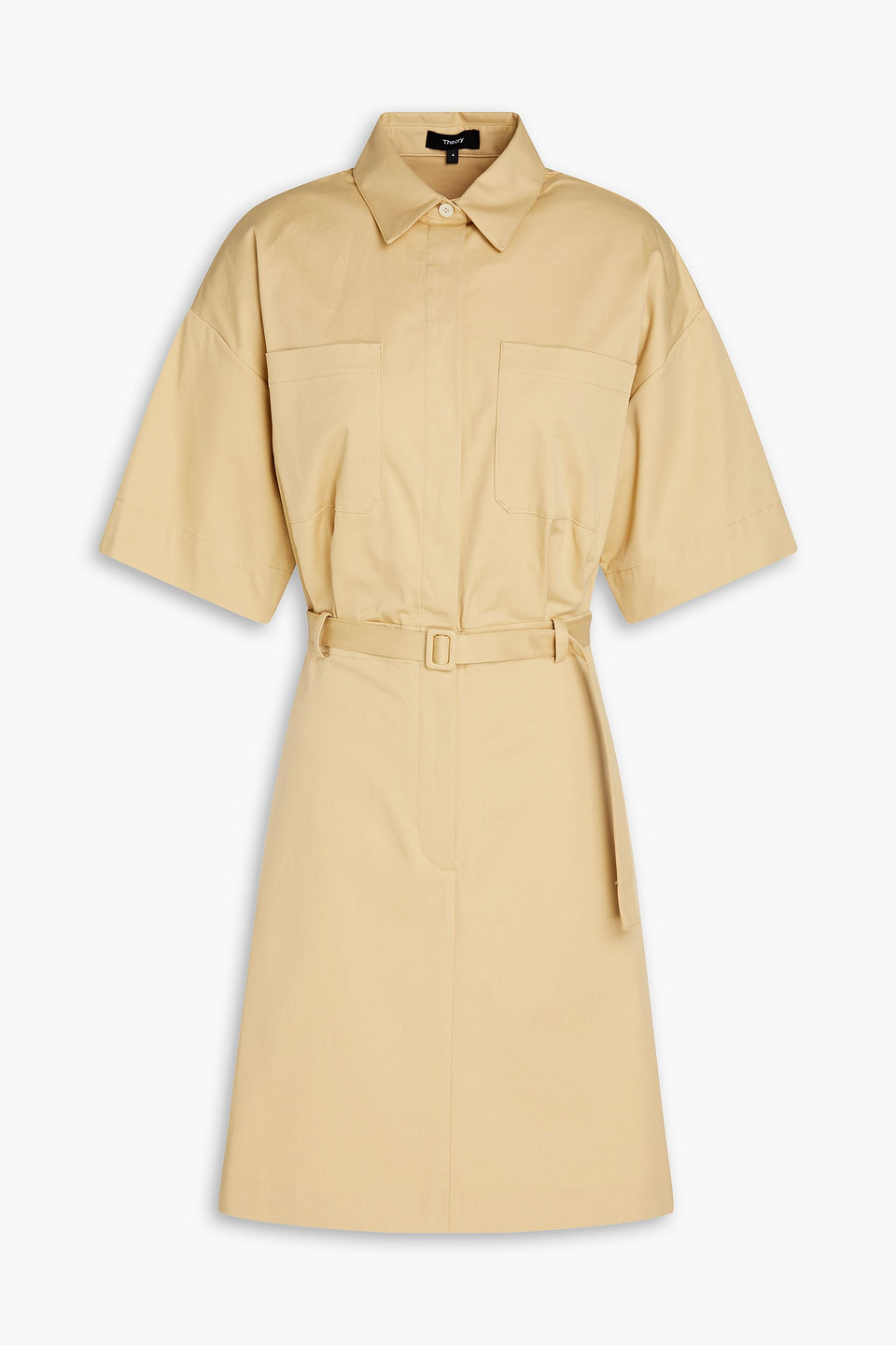 Theory Belted Stretch-cotton Twill Mini Shirt Dress In Beige
