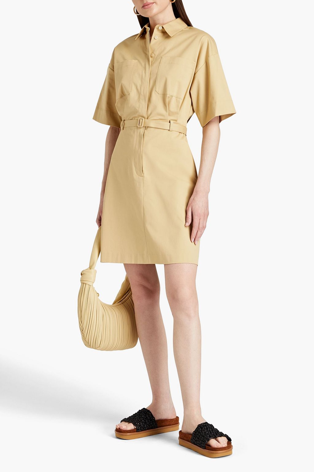 THEORY Belted cotton-blend twill mini shirt dress