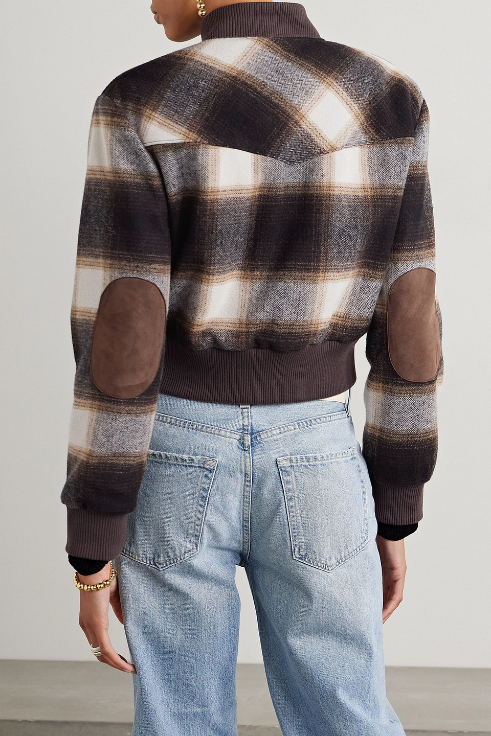 Veronica Beard Stanley Suede-trimmed Checked Wool-blend Bomber Jacket In Dark Brown