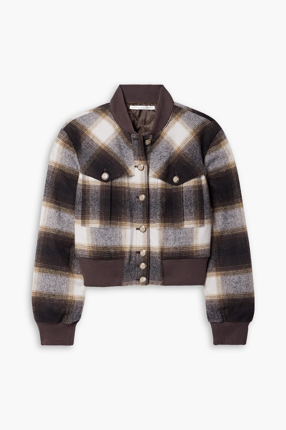 Veronica Beard Stanley Suede-trimmed Checked Wool-blend Bomber Jacket In Dark Brown