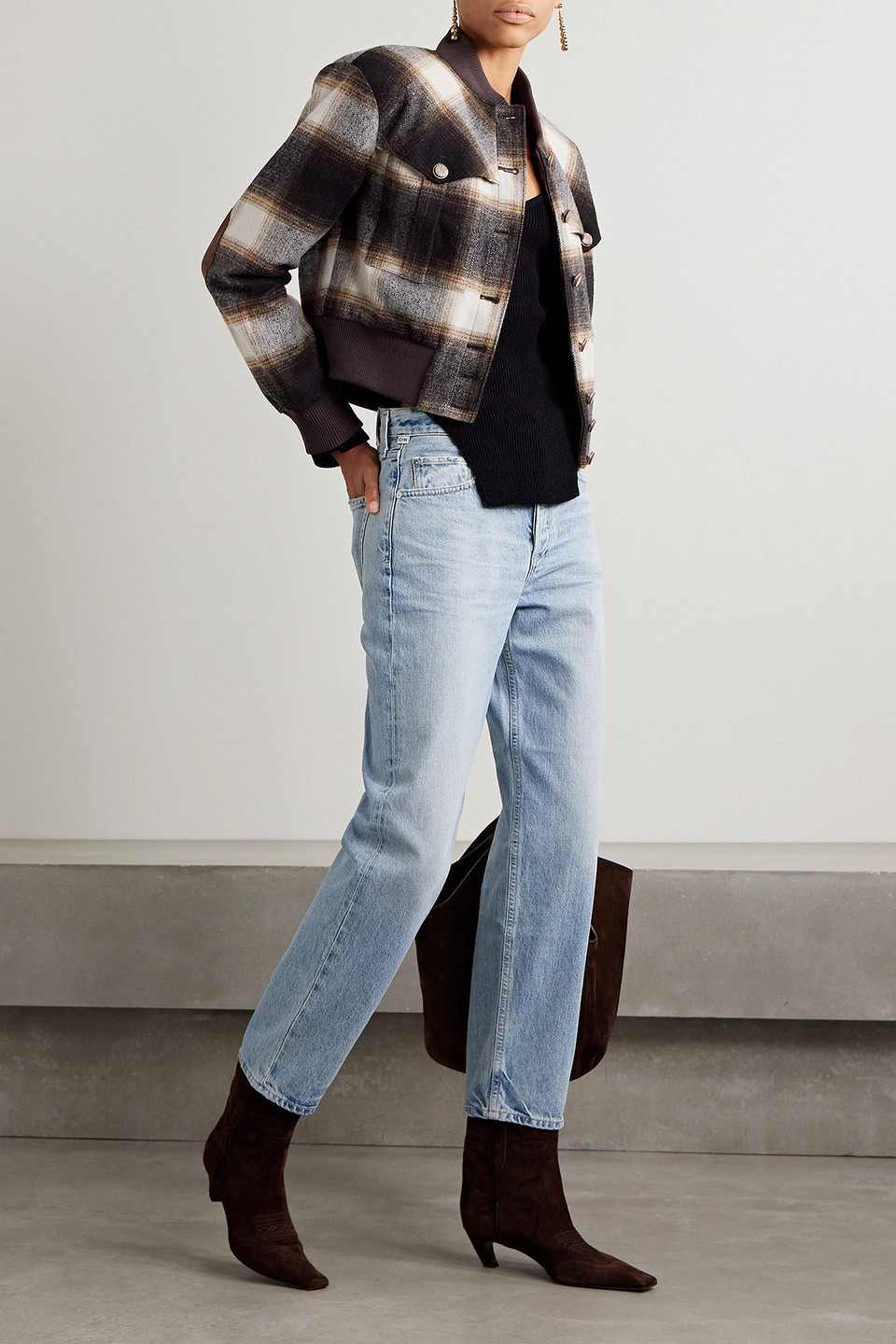 Veronica Beard Stanley Suede-trimmed Checked Wool-blend Bomber Jacket In Dark Brown