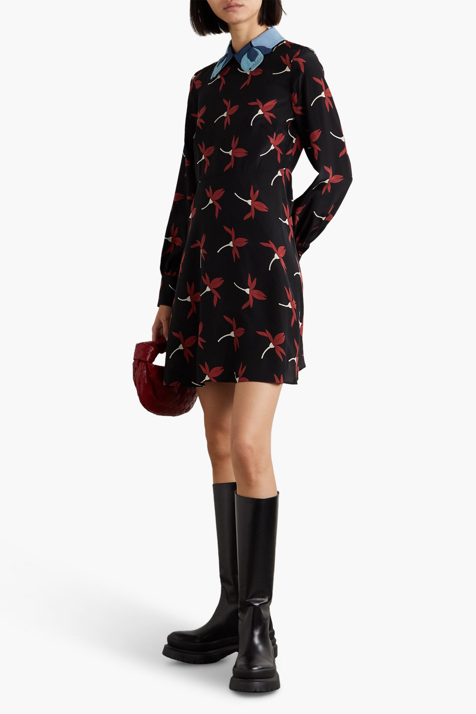 Valentino Garavani Appliquéd floral-print silk crepe de chine mini dress