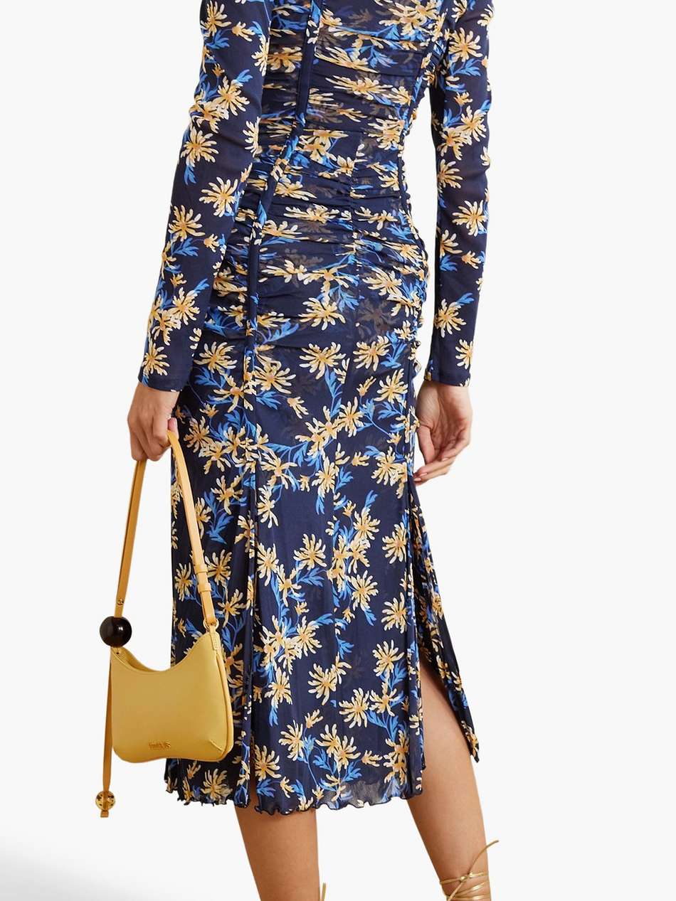 amelie ruched floral-print stretch-mesh midi dress