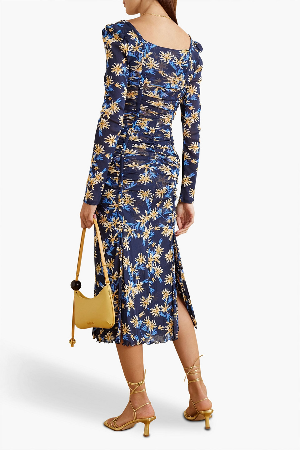 Shop Diane Von Furstenberg Amelie Ruched Floral-print Stretch-mesh Midi Dress In Midnight Blue