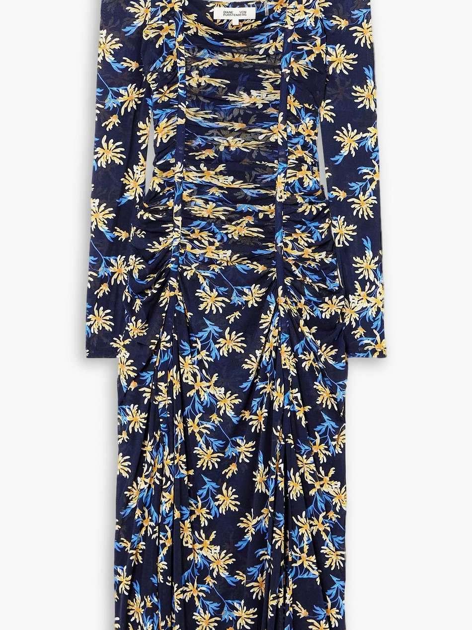 amelie ruched floral-print stretch-mesh midi dress