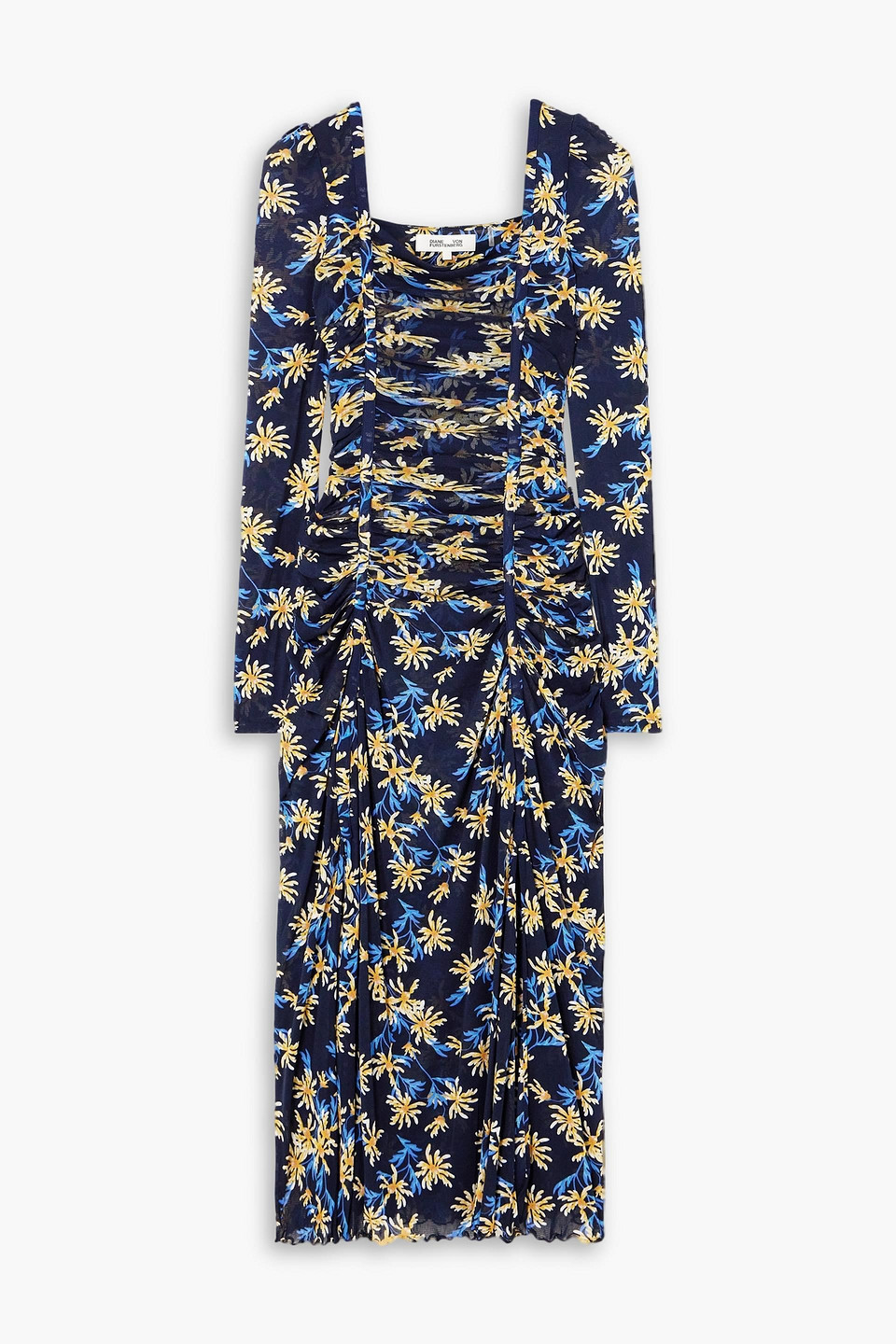 Diane Von Furstenberg Amelie Ruched Floral-print Stretch-chiffon Midi Dress In Midnight Blue