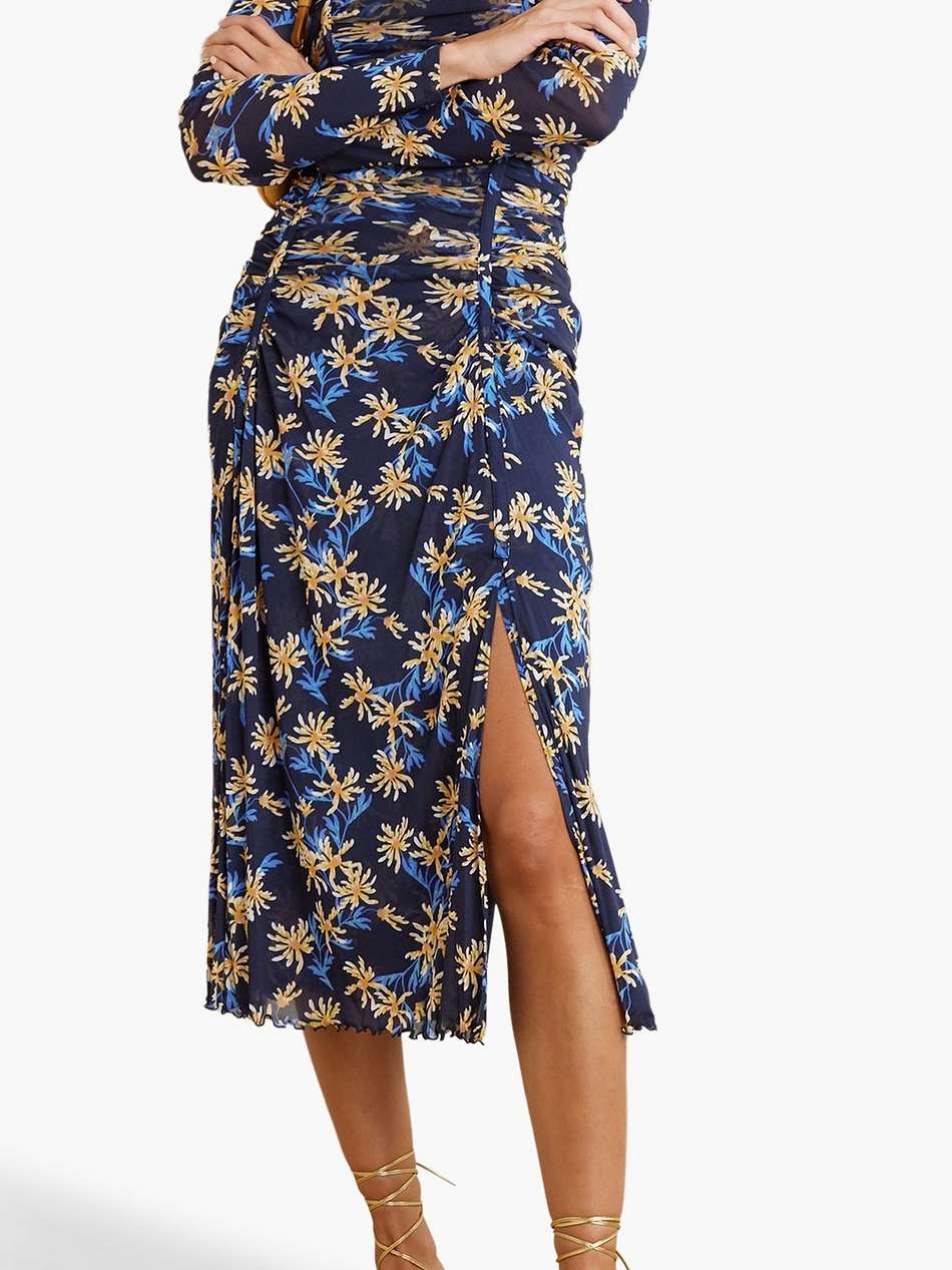 amelie ruched floral-print stretch-mesh midi dress