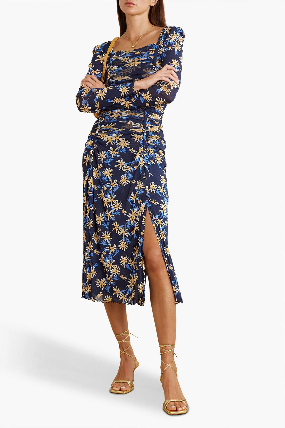 Shop Diane Von Furstenberg Amelie Ruched Floral-print Stretch-mesh Midi Dress In Midnight Blue