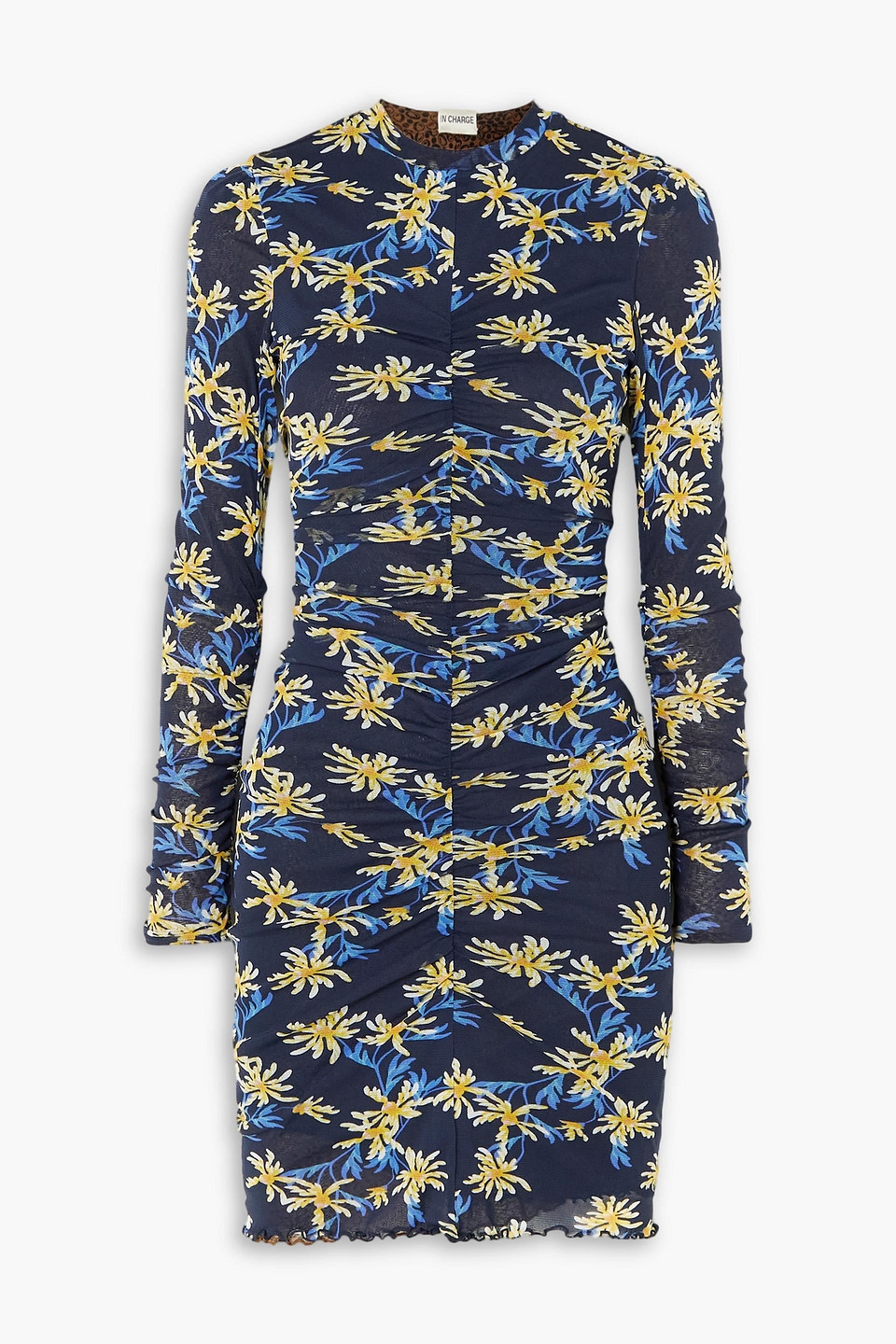 Diane Von Furstenberg Reversible Ruched Floral-print Stretch-mesh Mini Dress In Navy