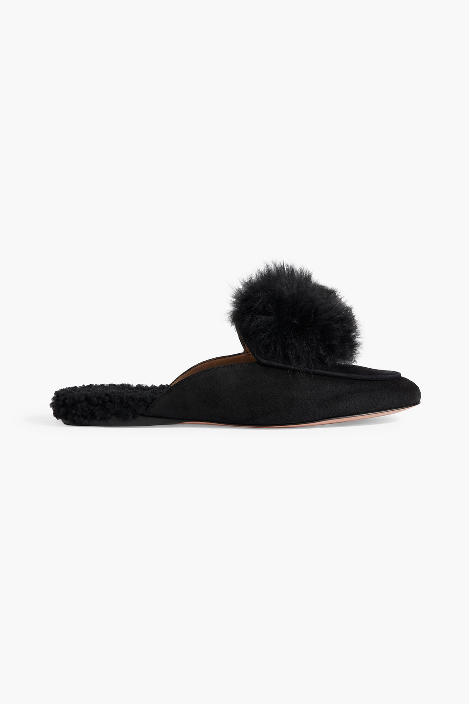 Aquazzura Foxy Pompom-embellished Shearling-lined Suede Slippers In Black