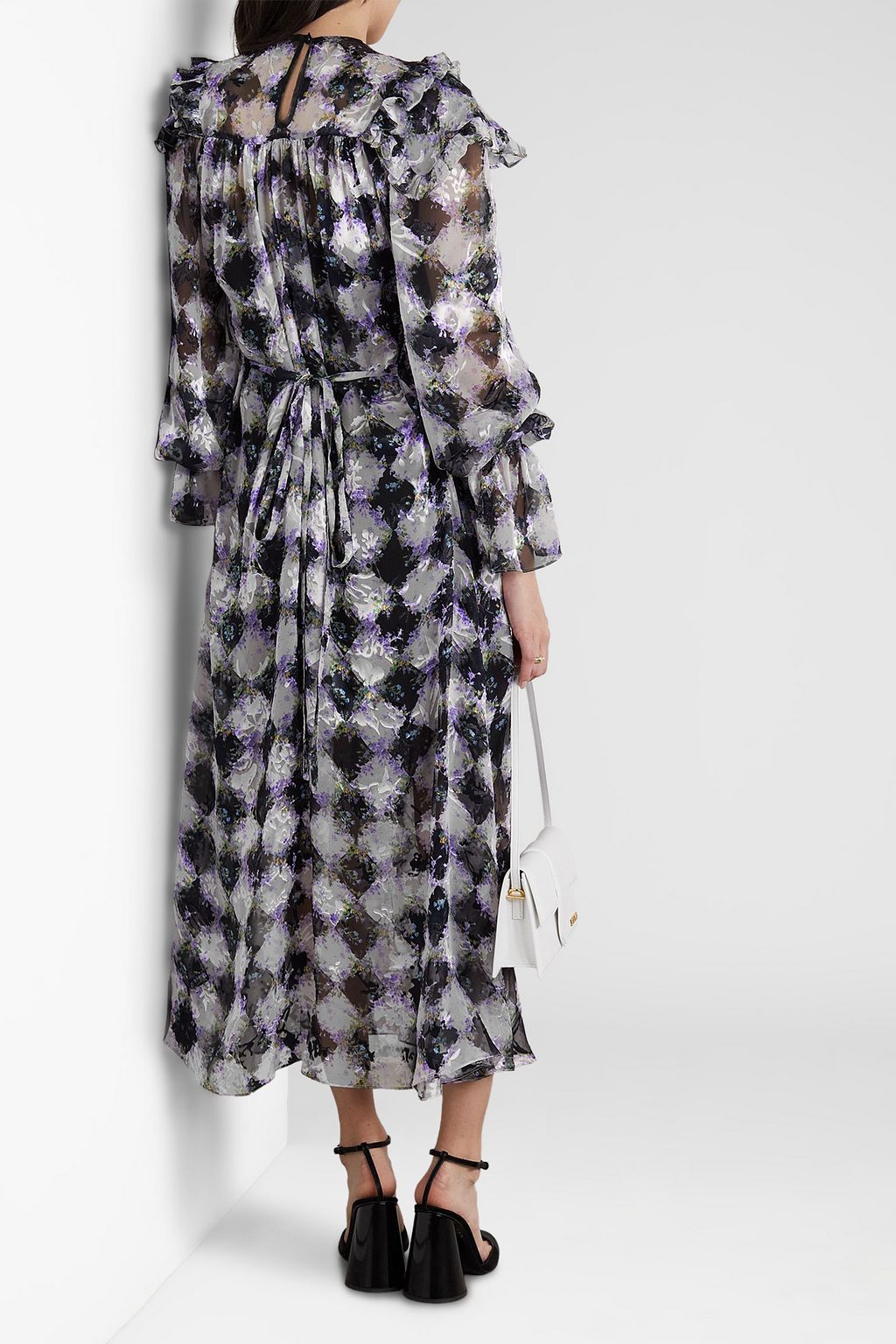 PREEN BY THORNTON BREGAZZI فستان متوسط الطول «ميستيك» من ساتان الديفوريه بتصميم مكشكش ومزين بطبعات