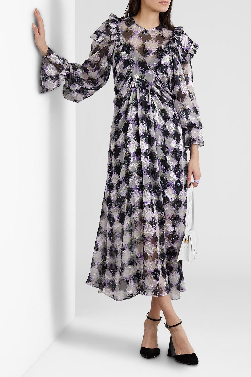 PREEN BY THORNTON BREGAZZI فستان متوسط الطول «ميستيك» من ساتان الديفوريه بتصميم مكشكش ومزين بطبعات