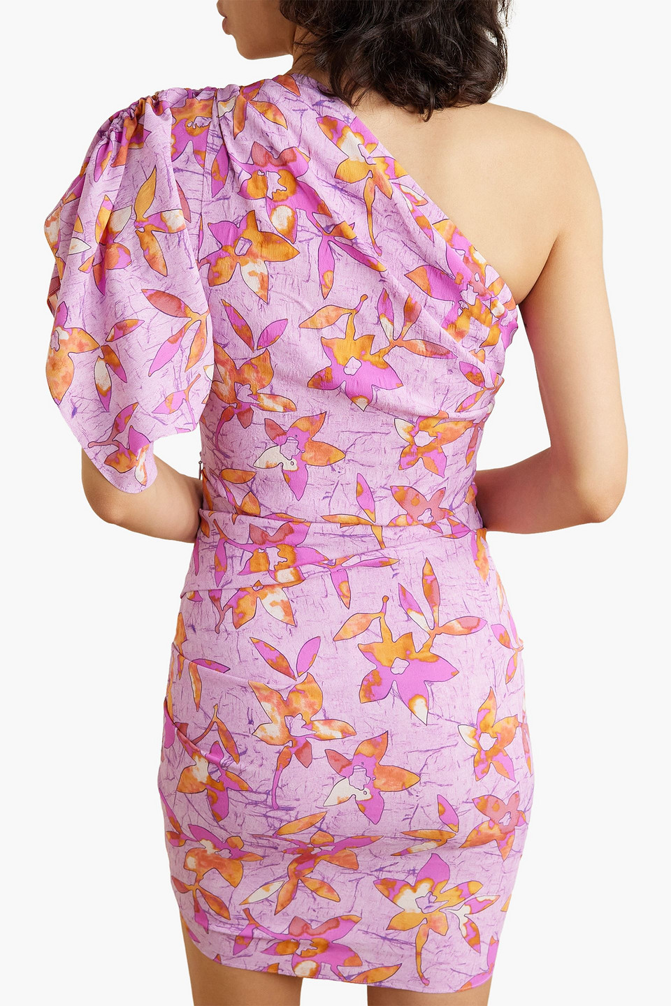 Isabel Marant Solenne One-shoulder Ruched Floral-print Stretch-crepe Mini Dress In Pink
