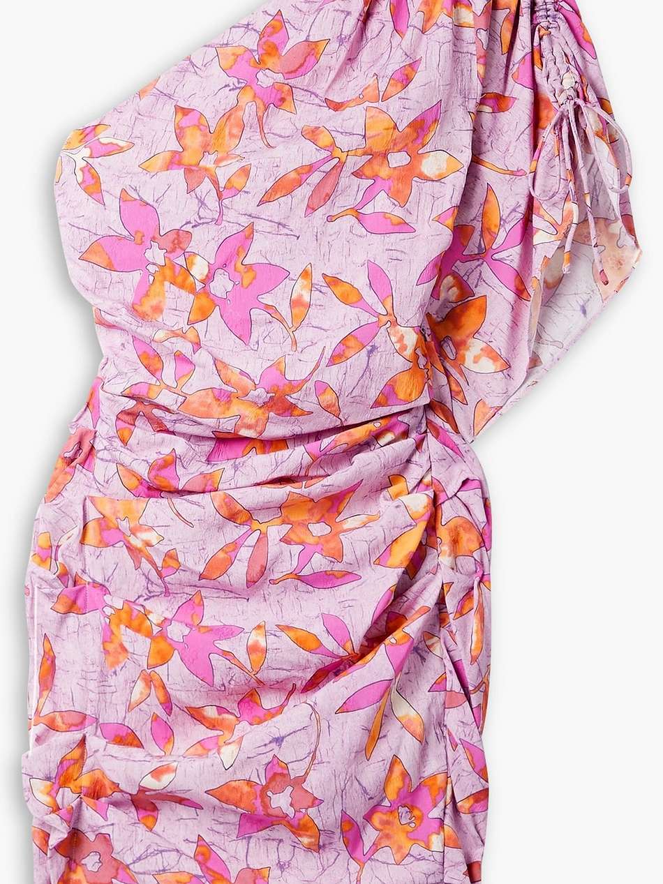 solenne one-shoulder ruched floral-print stretch-crepe mini dress