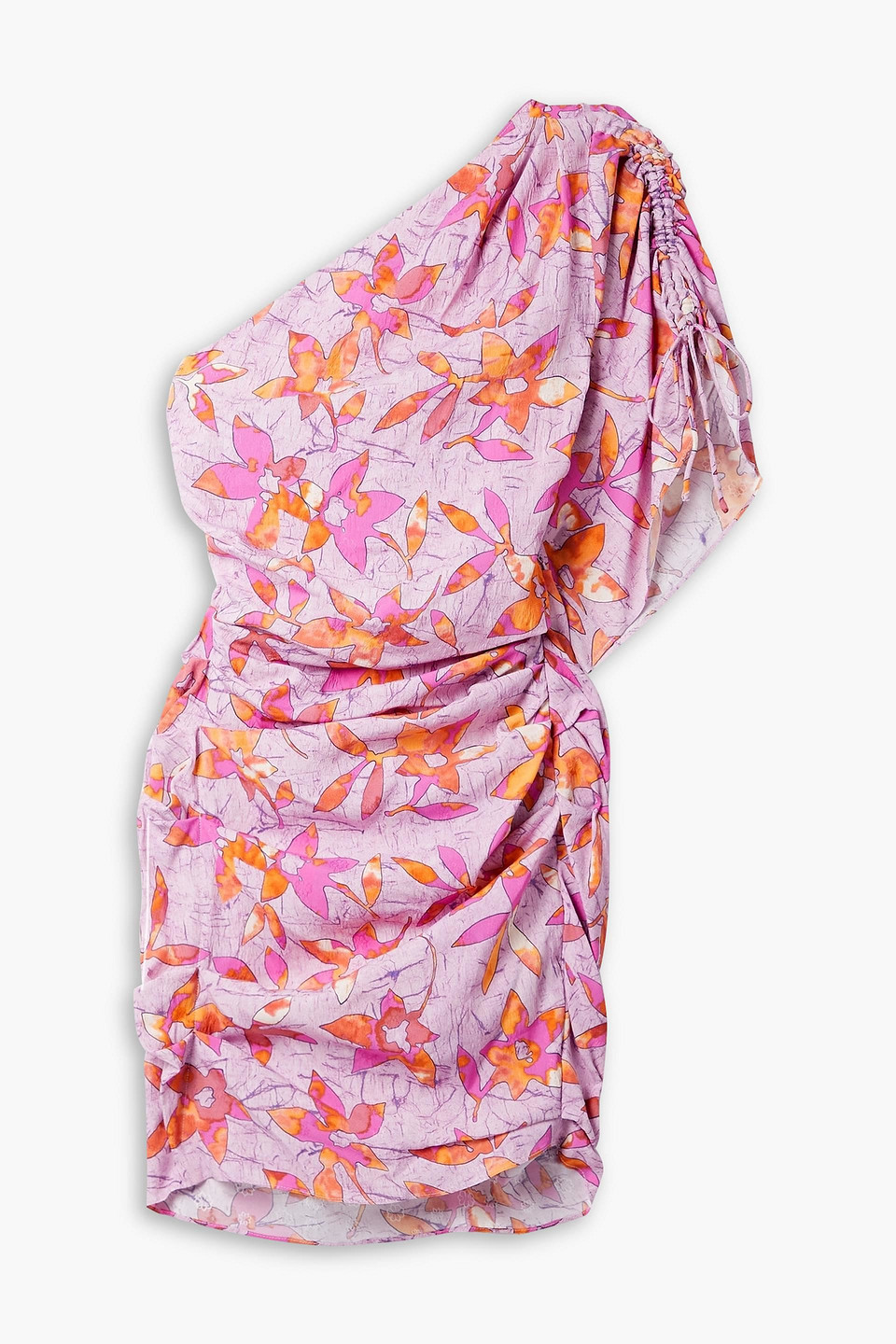 Isabel Marant Solenne One-shoulder Ruched Floral-print Stretch-crepe Mini Dress In Pink