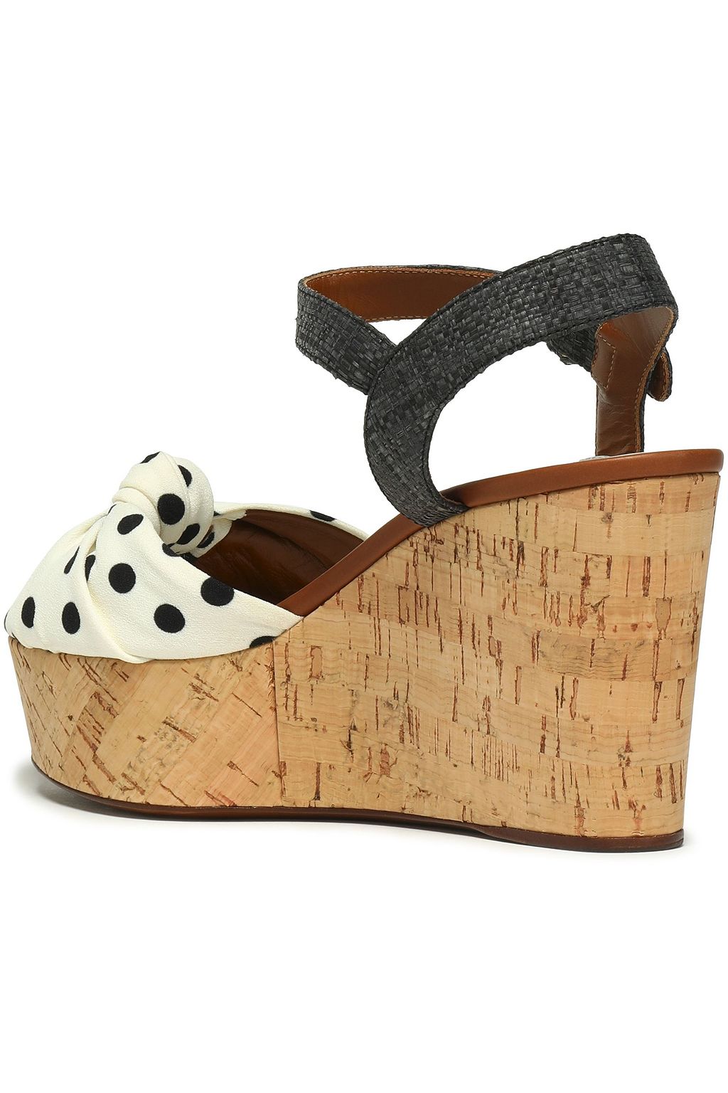 DOLCE&GABBANA Knotted polka-dot crepe and straw wedge sandals
