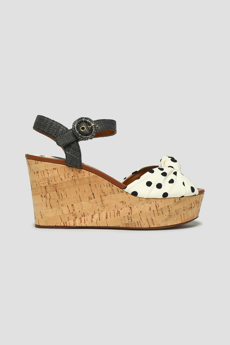 DOLCE & GABBANA KNOTTED POLKA-DOT CREPE AND STRAW WEDGE SANDALS,3074457345636186059