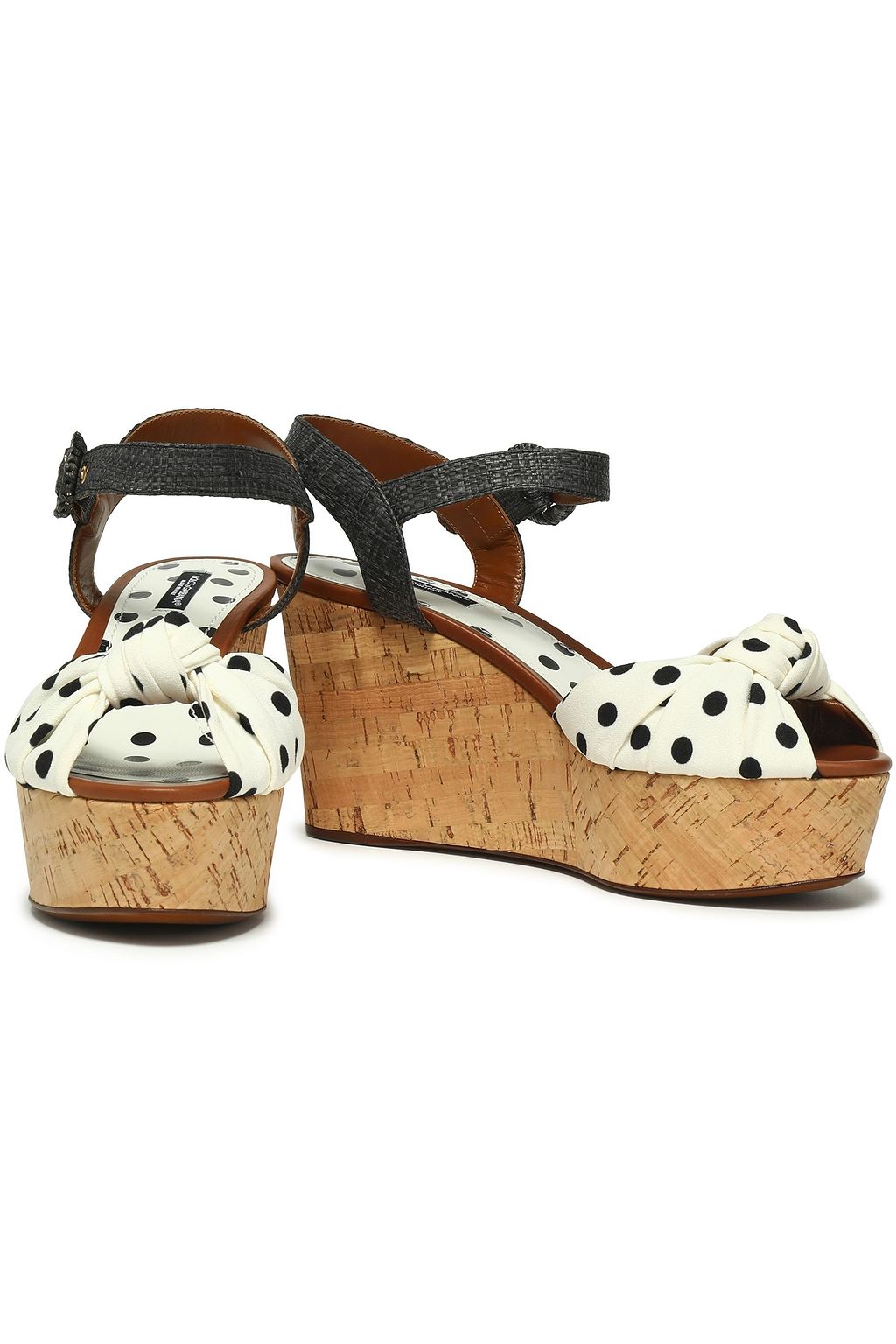 DOLCE&GABBANA Knotted polka-dot crepe and straw wedge sandals