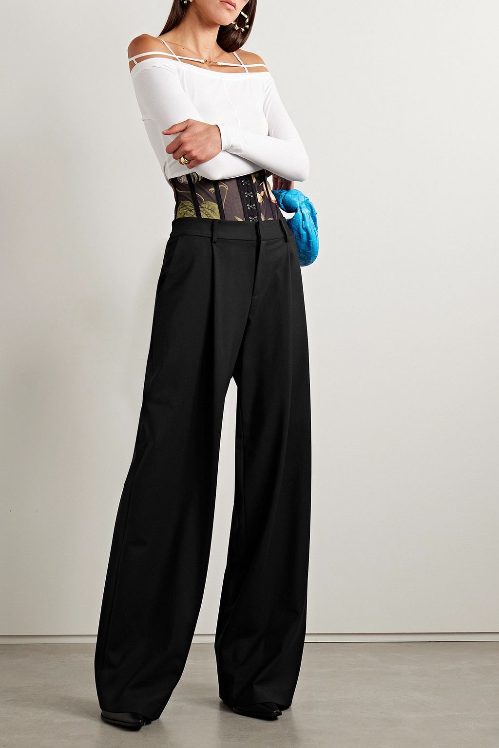 MONSE Hose mit weitem Bein aus Twill aus einer Wollmischung und bedrucktem Tüll