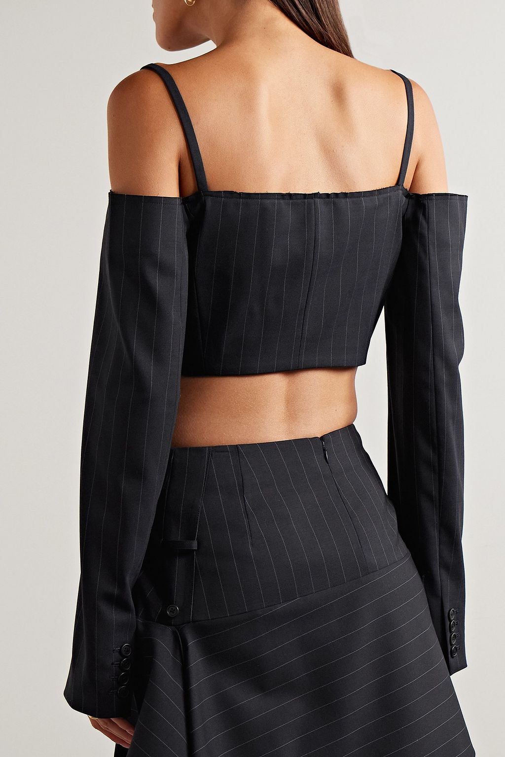 MONSE Cropped cold-shoulder pinstriped wool-blend twill jacket