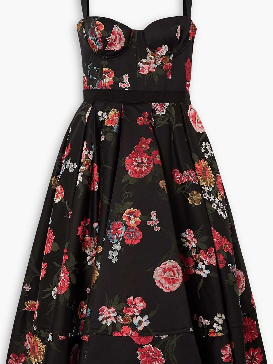 tessa pleated floral-jacquard midi dress