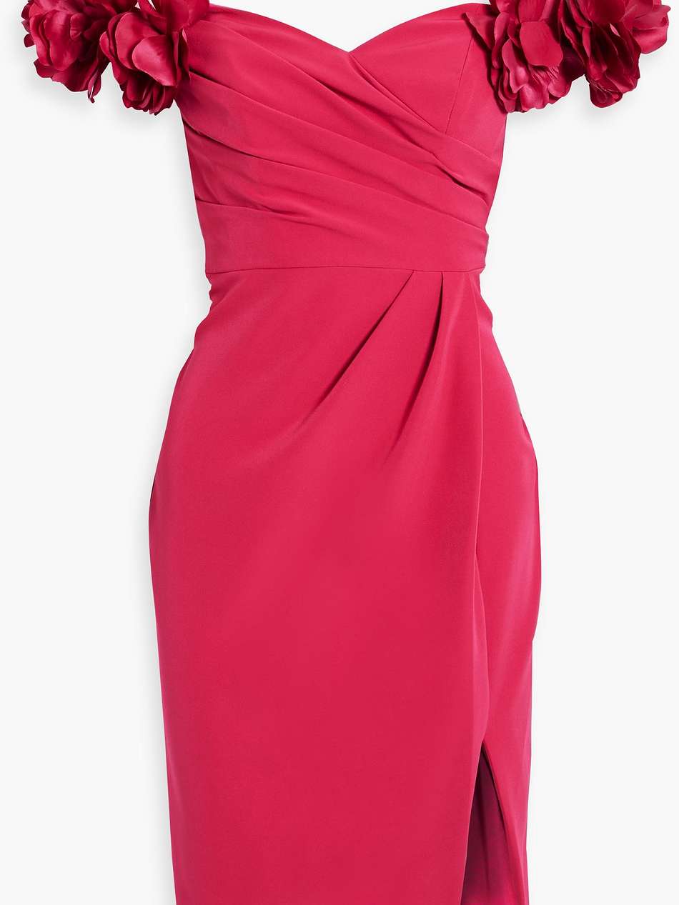 off-the-shoulder appliquéd pleated crepe dress