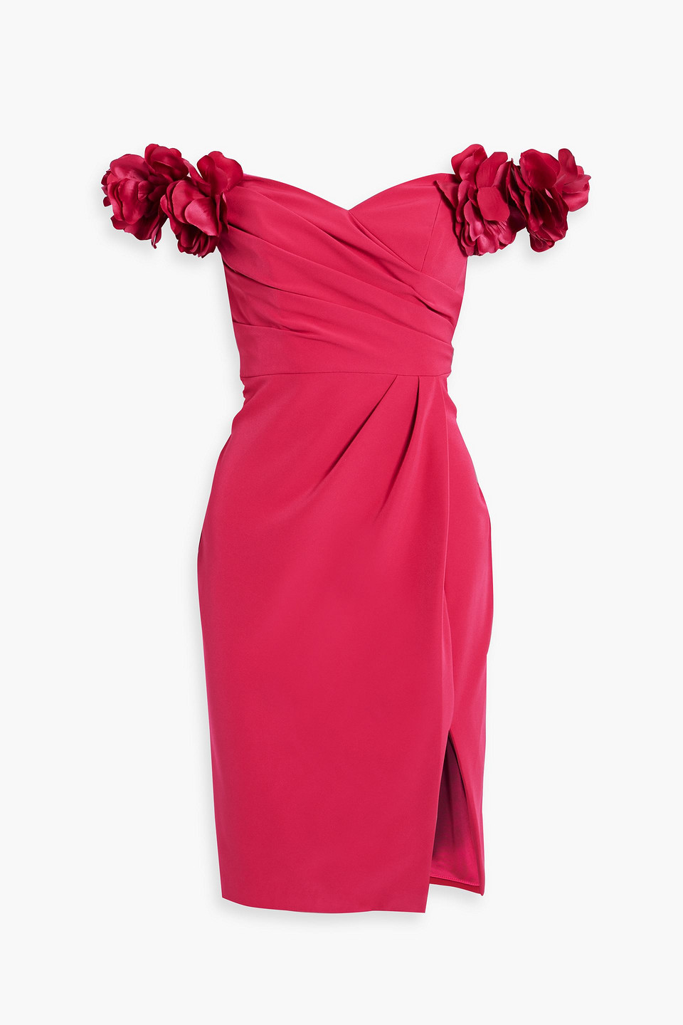 Off-the-shoulder appliquéd pleated crepe dress