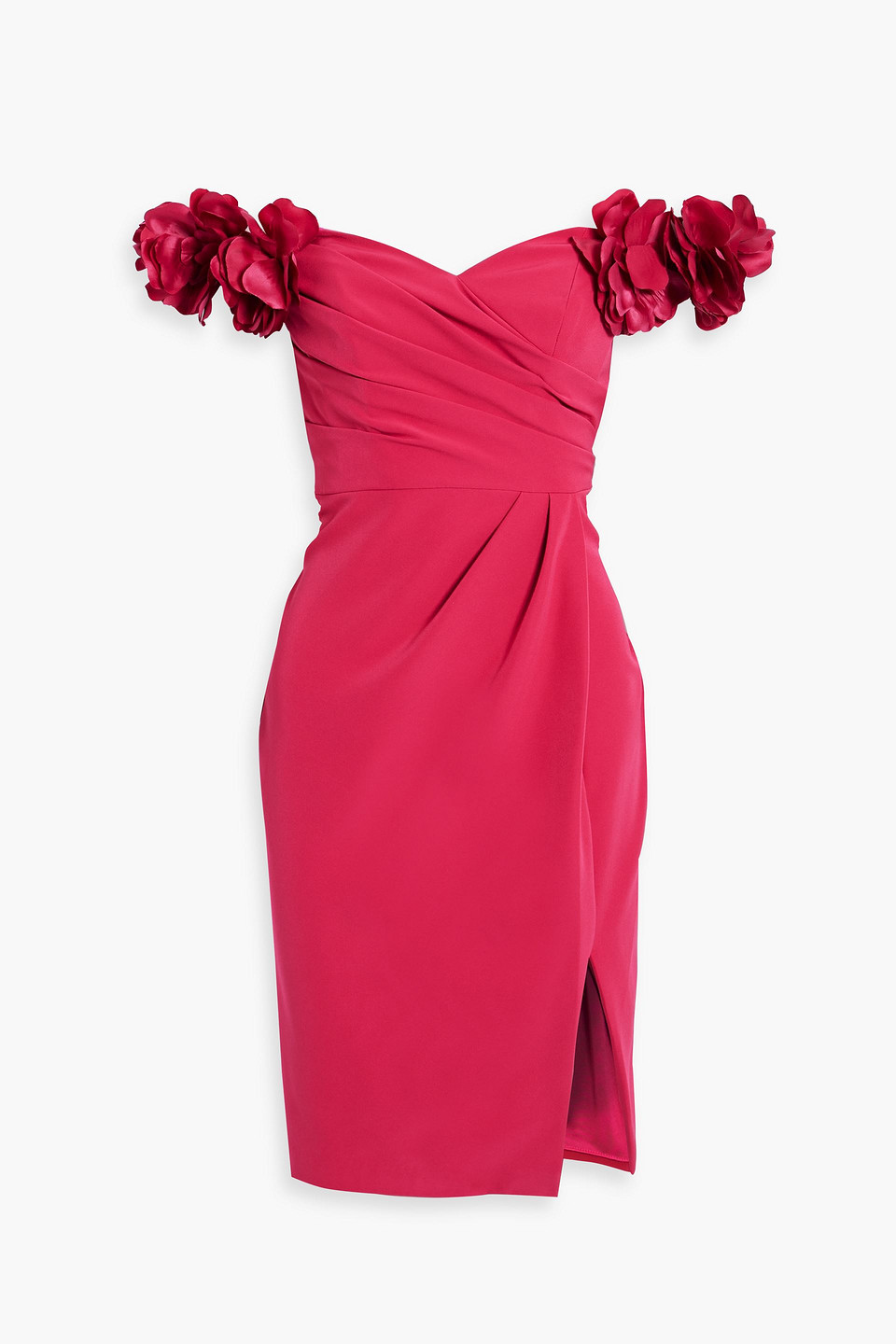 Shop Marchesa Notte Off-the-shoulder Appliquéd Pleated Crepe Dress In Fuchsia