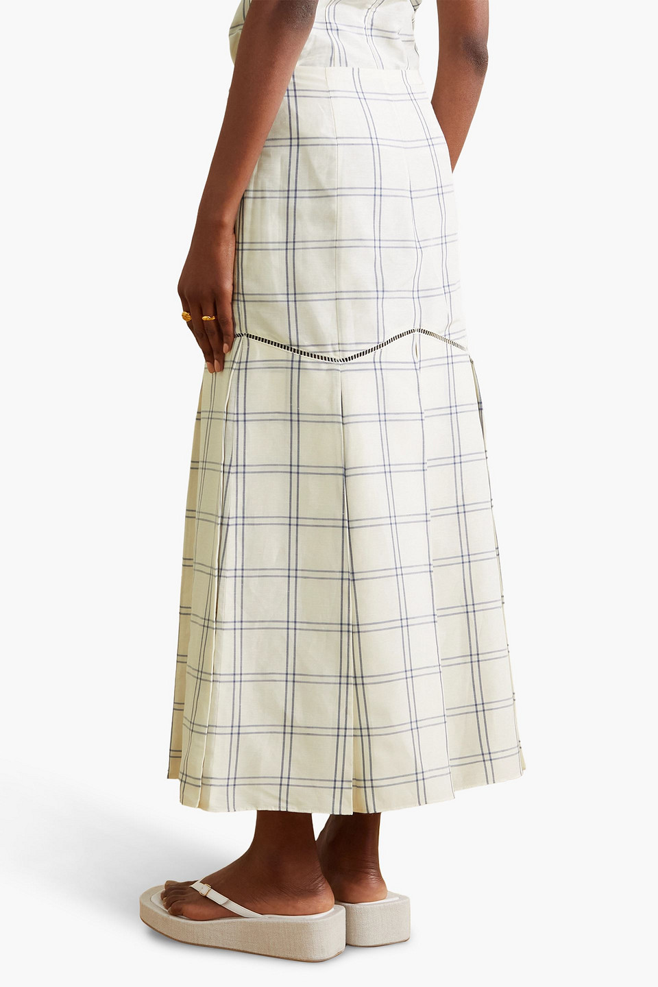 Shop Brock Collection Tamala Pleated Checked Linen And Silk-blend Midi Skirt In White