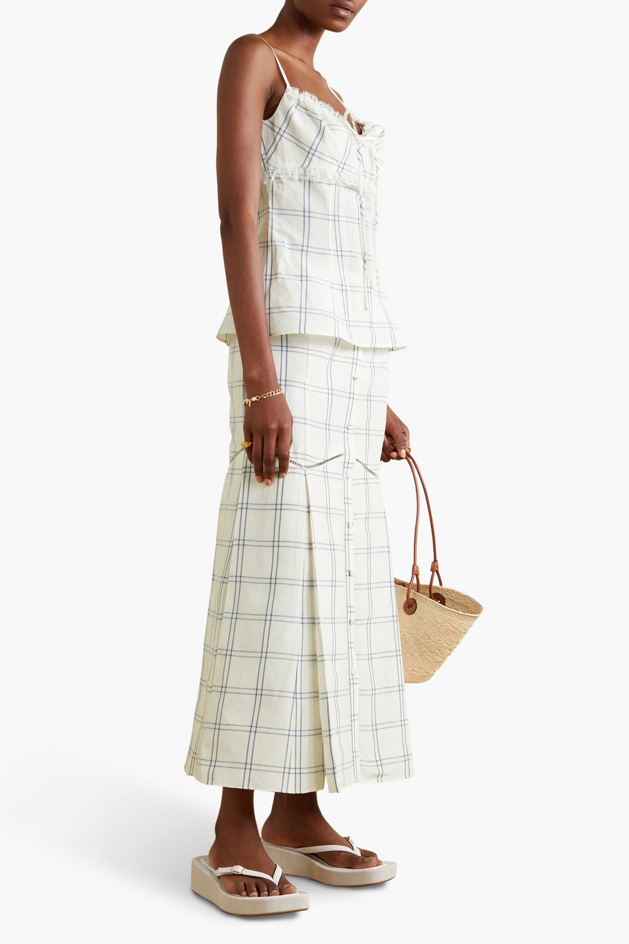 BROCK COLLECTION Tamala pleated checked linen and silk-blend midi skirt