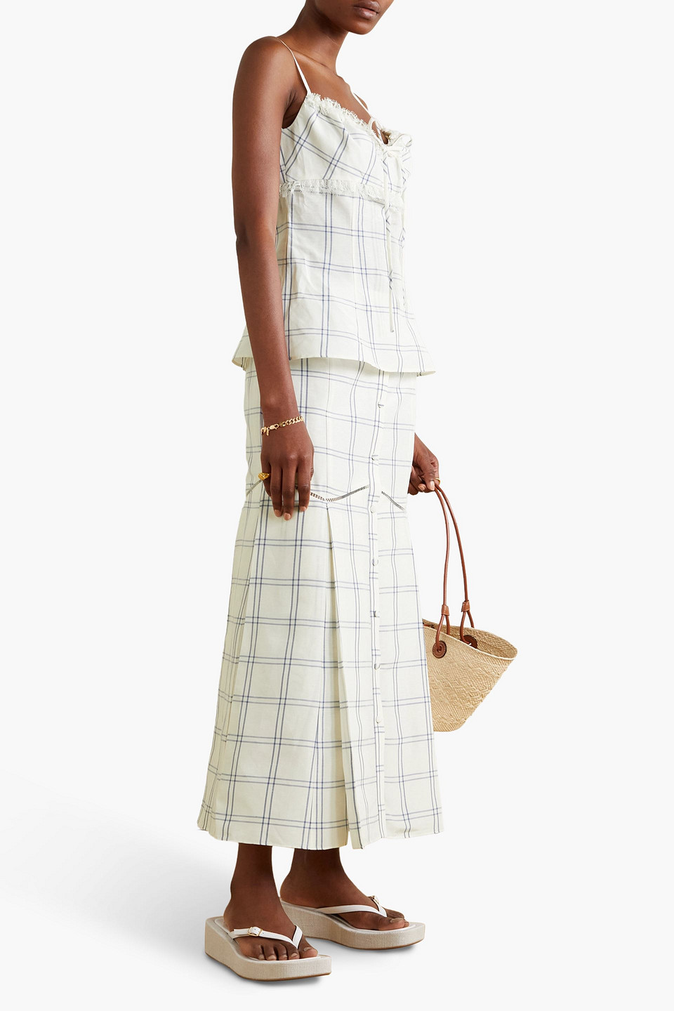 Shop Brock Collection Tamala Pleated Checked Linen And Silk-blend Midi Skirt In White