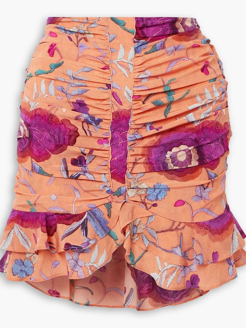 milendi ruched floral-print silk-blend crepe de chine mini skirt