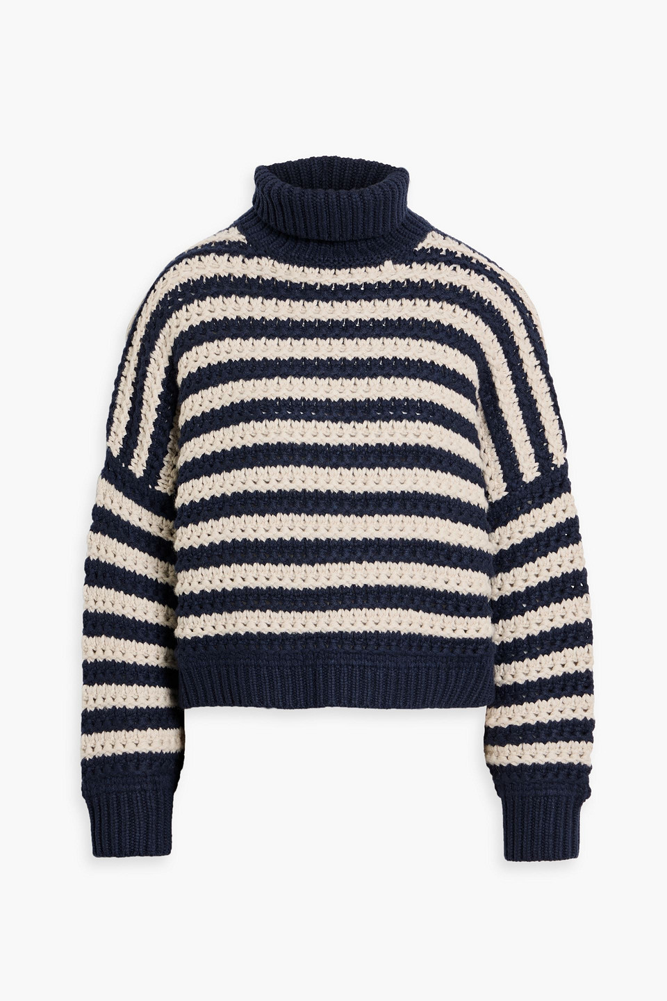 Brunello Cucinelli Cropped Striped Wool, Cashmere And Silk-blend Turtleneck Sweater In Blue