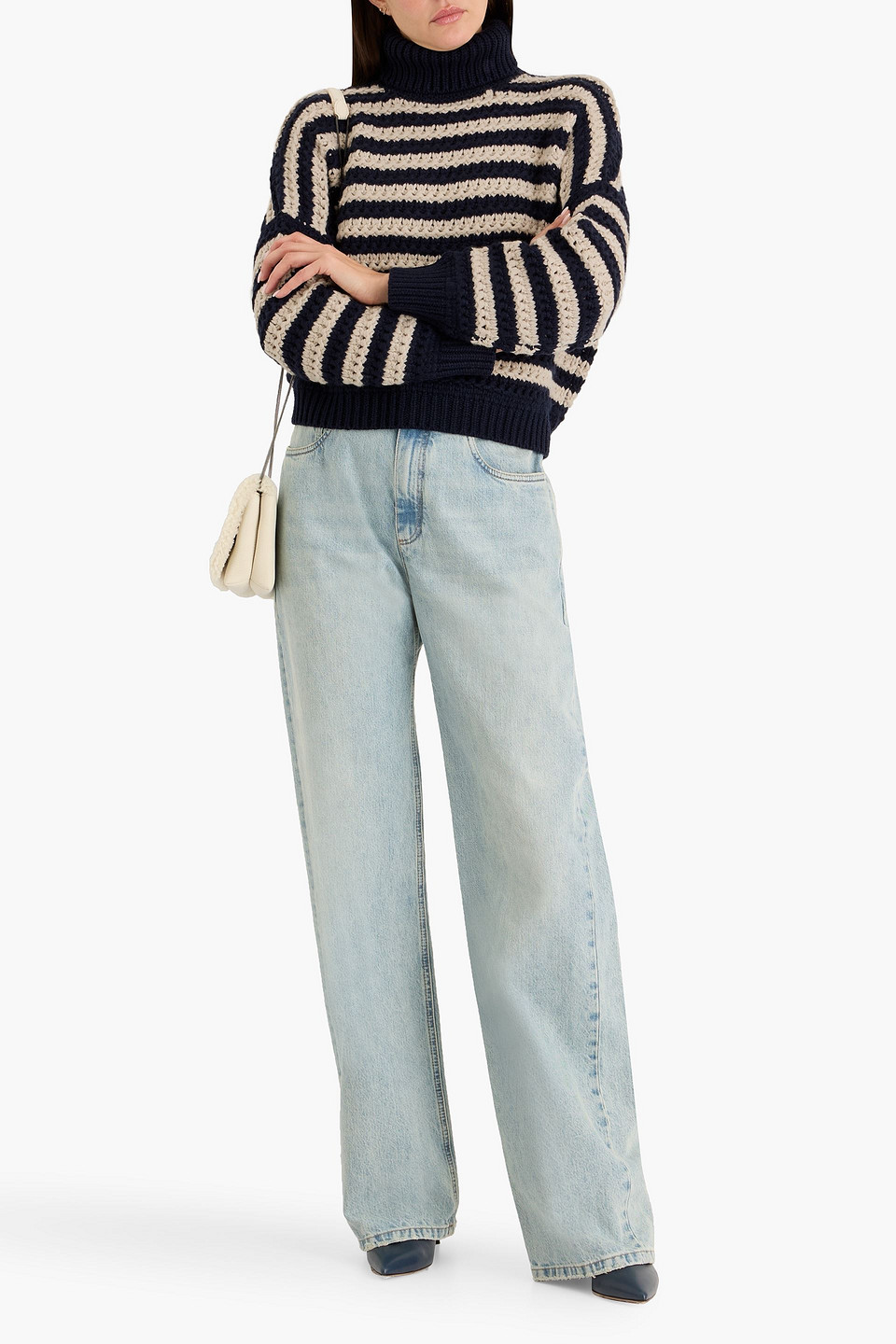  Brunello Cucinelli - Gestreifter Cropped Rollkragenpullover Aus Einer Woll-kaschmir-seidenmischung - Blau - M 