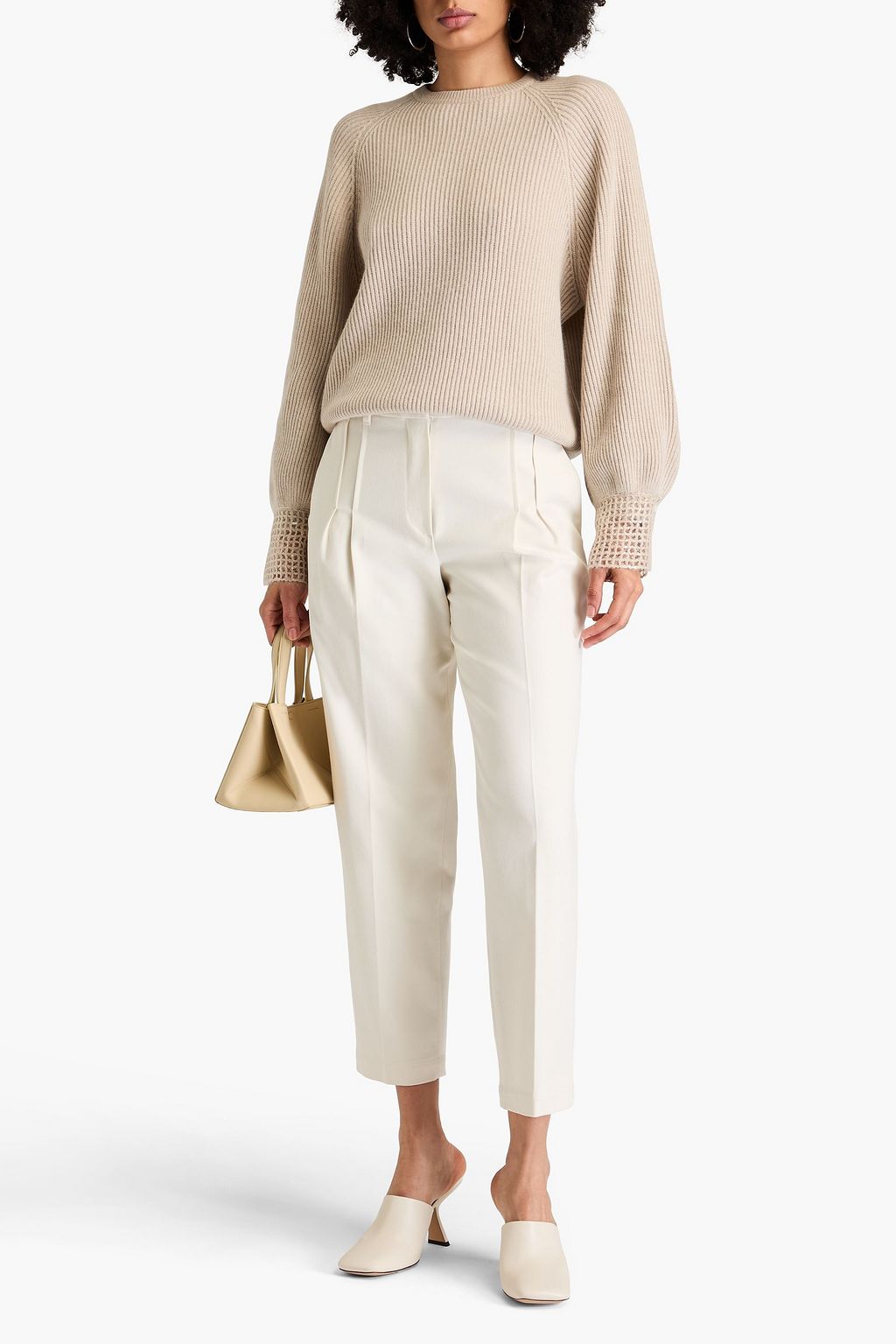 BRUNELLO CUCINELLI 비즈 디테일 코튼 혼방 트윌 크롭 테이퍼드 팬츠