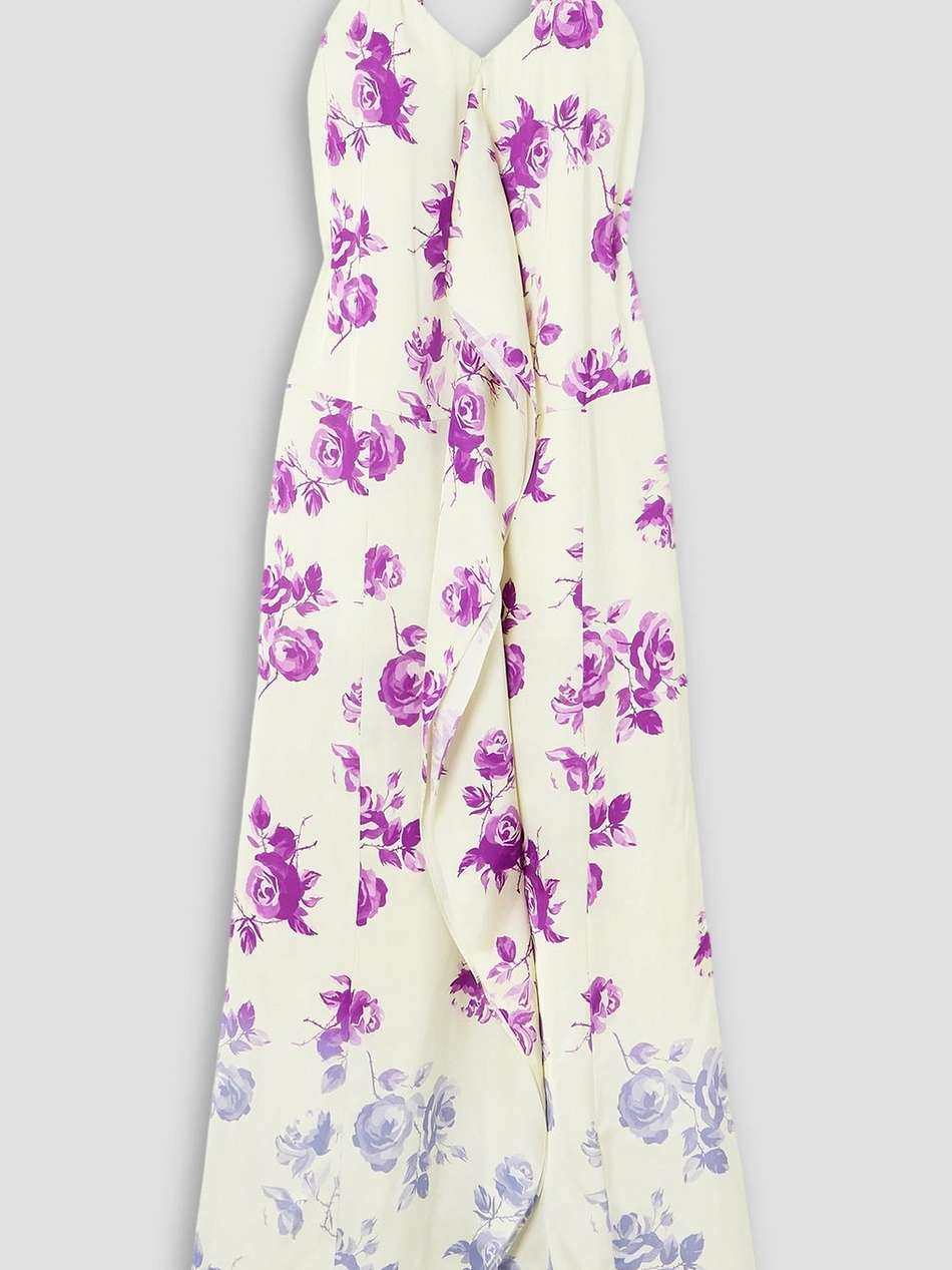 draped floral-print twill maxi dress