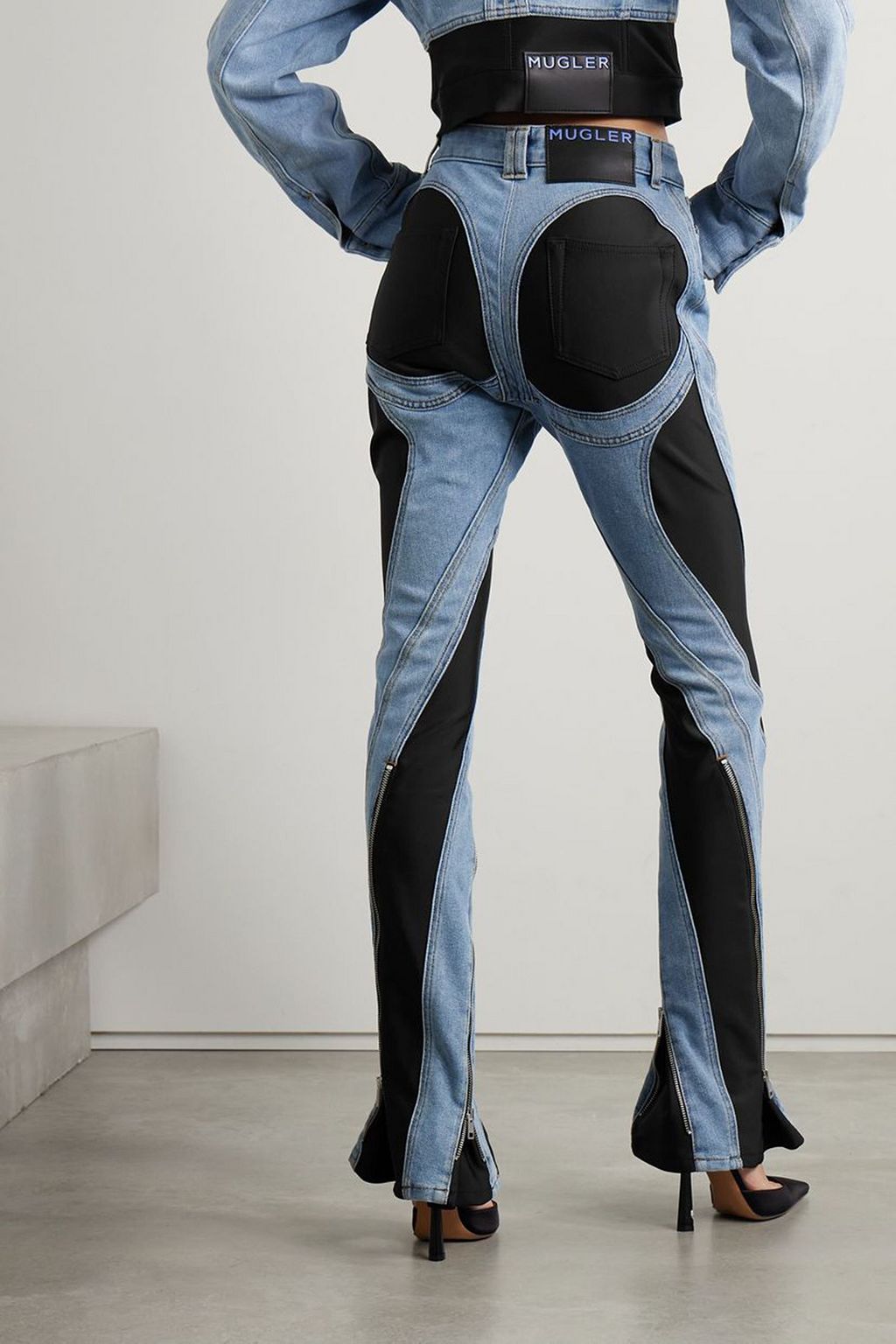 MUGLER Stretch jersey-paneled high-rise flared jeans