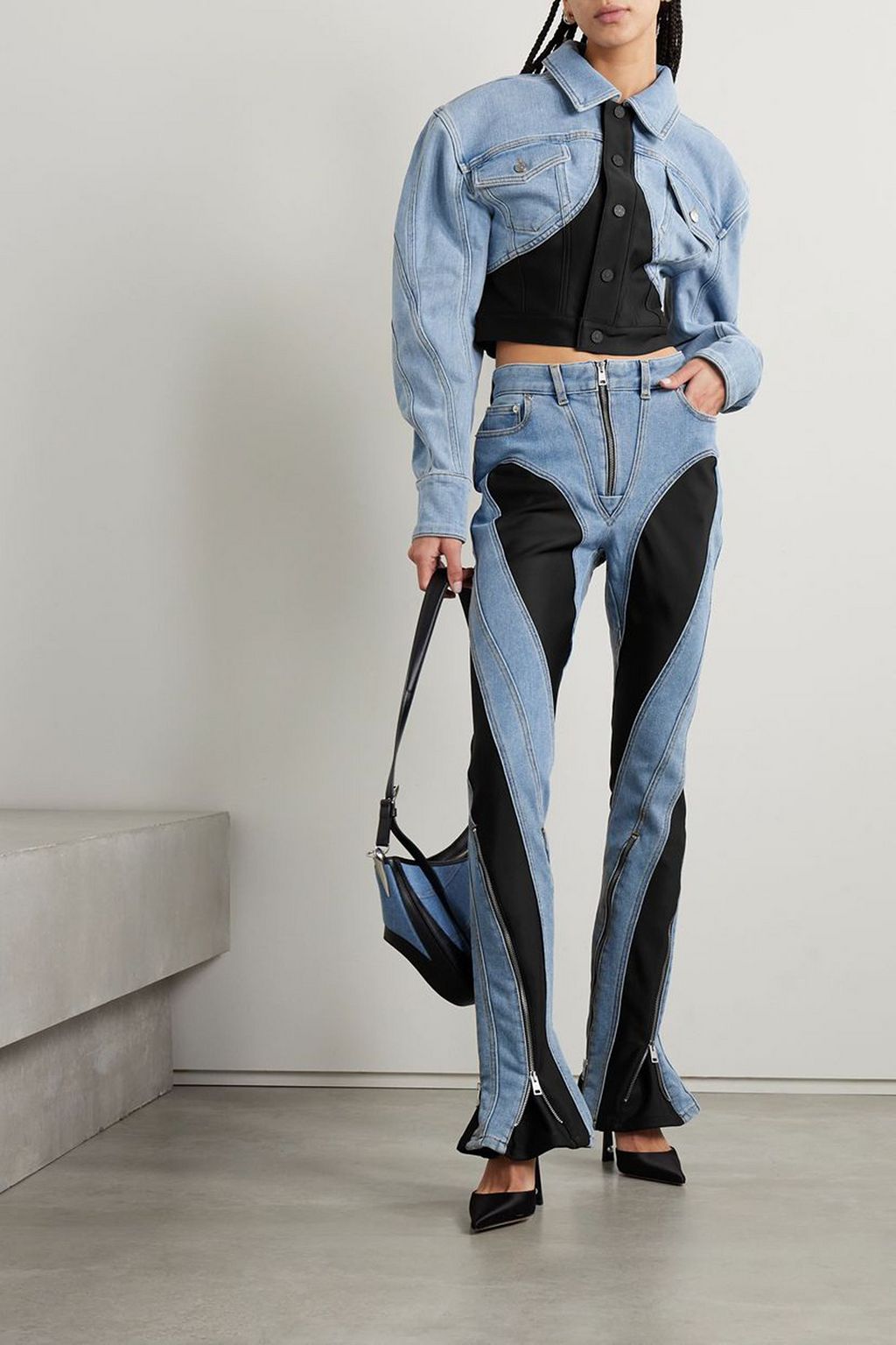 MUGLER Stretch jersey-paneled high-rise flared jeans