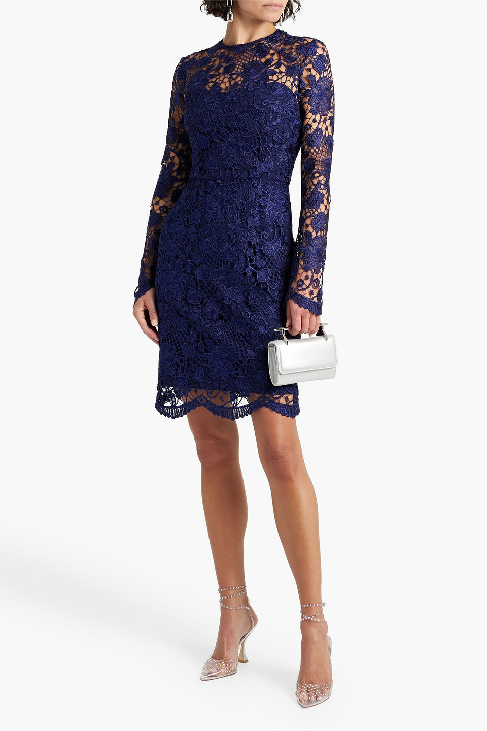 Shop Reem Acra Cotton-blend Guipure Lace Mini Dress In Navy