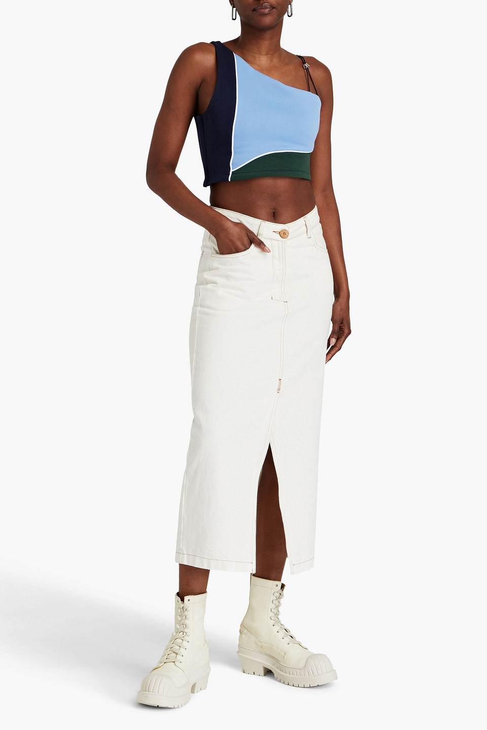 Shop Ahluwalia Twice As Nice Cropped Color-block Cotton-jersey Top In Light Blue