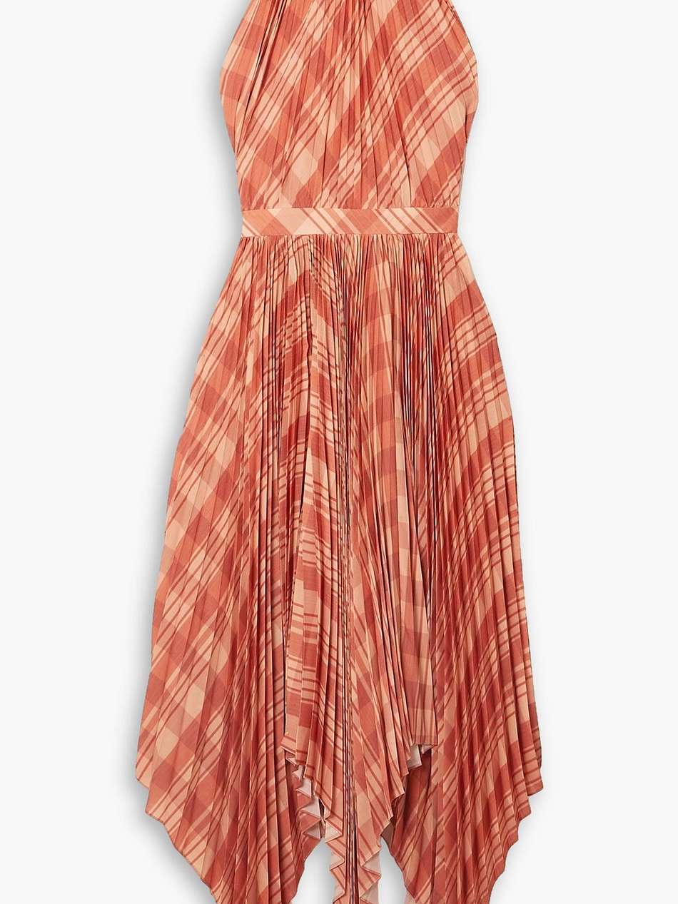 dahlia asymmetric checked plissé crepe de chine halterneck midi dress