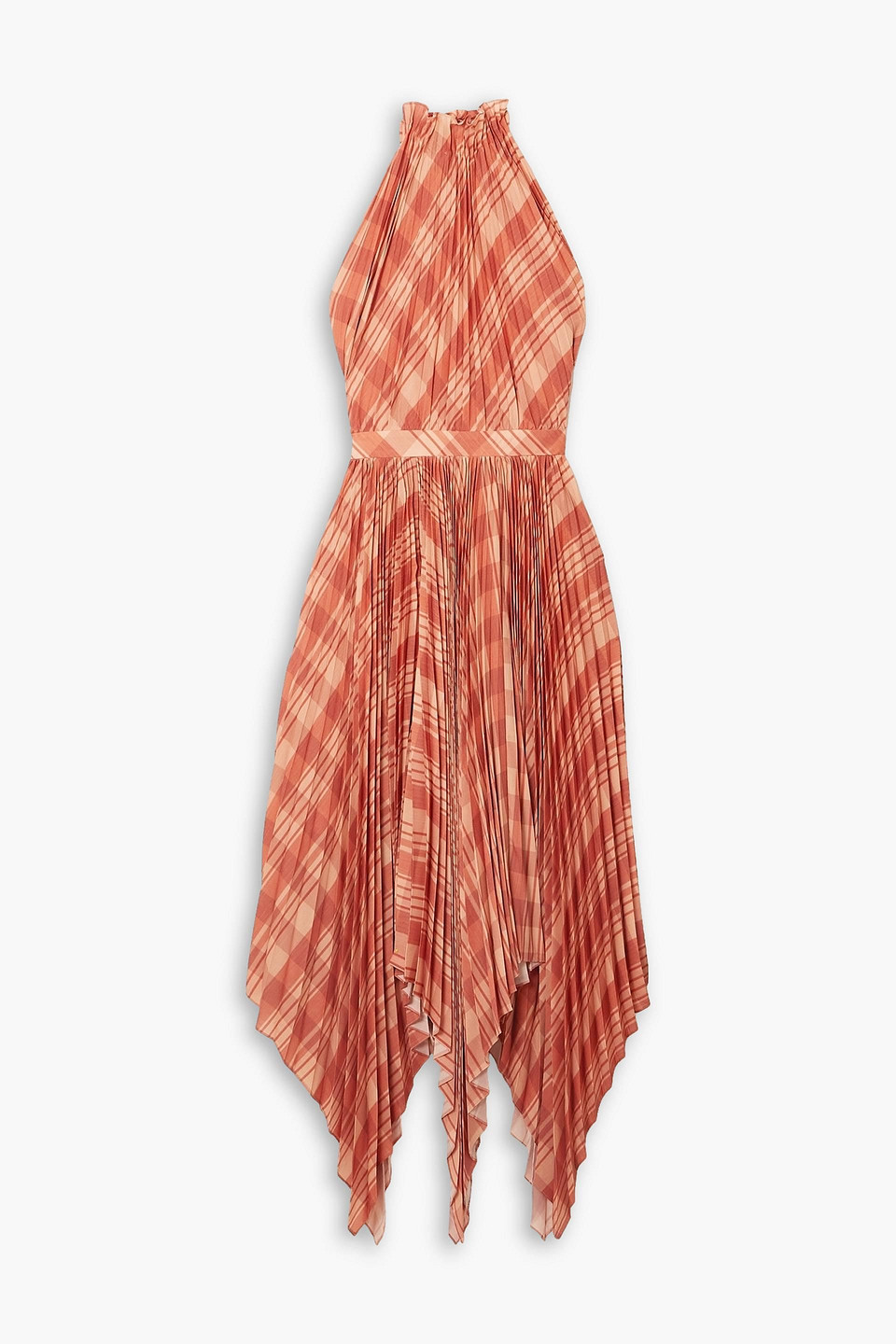 Altuzarra Dahlia Asymmetric Checked Plissé Crepe De Chine Halterneck Midi Dress In Peach