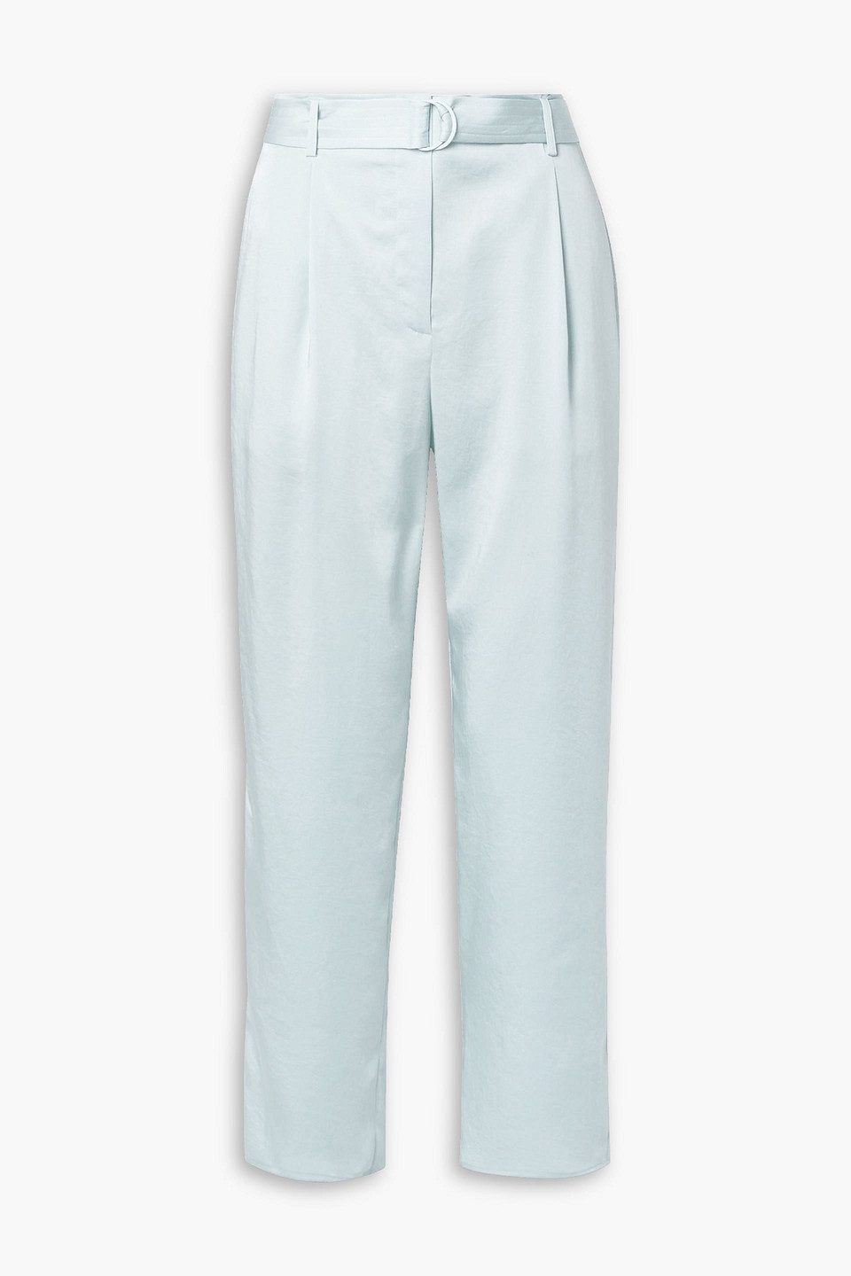 Belted pleated crinkled-satin straight-leg pants