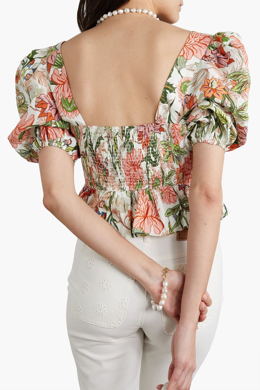 LUG VON SIGA Alicia pintucked shirred floral-print linen peplum top