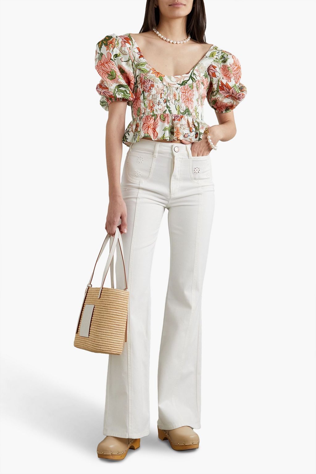 LUG VON SIGA Alicia pintucked shirred floral-print linen peplum top