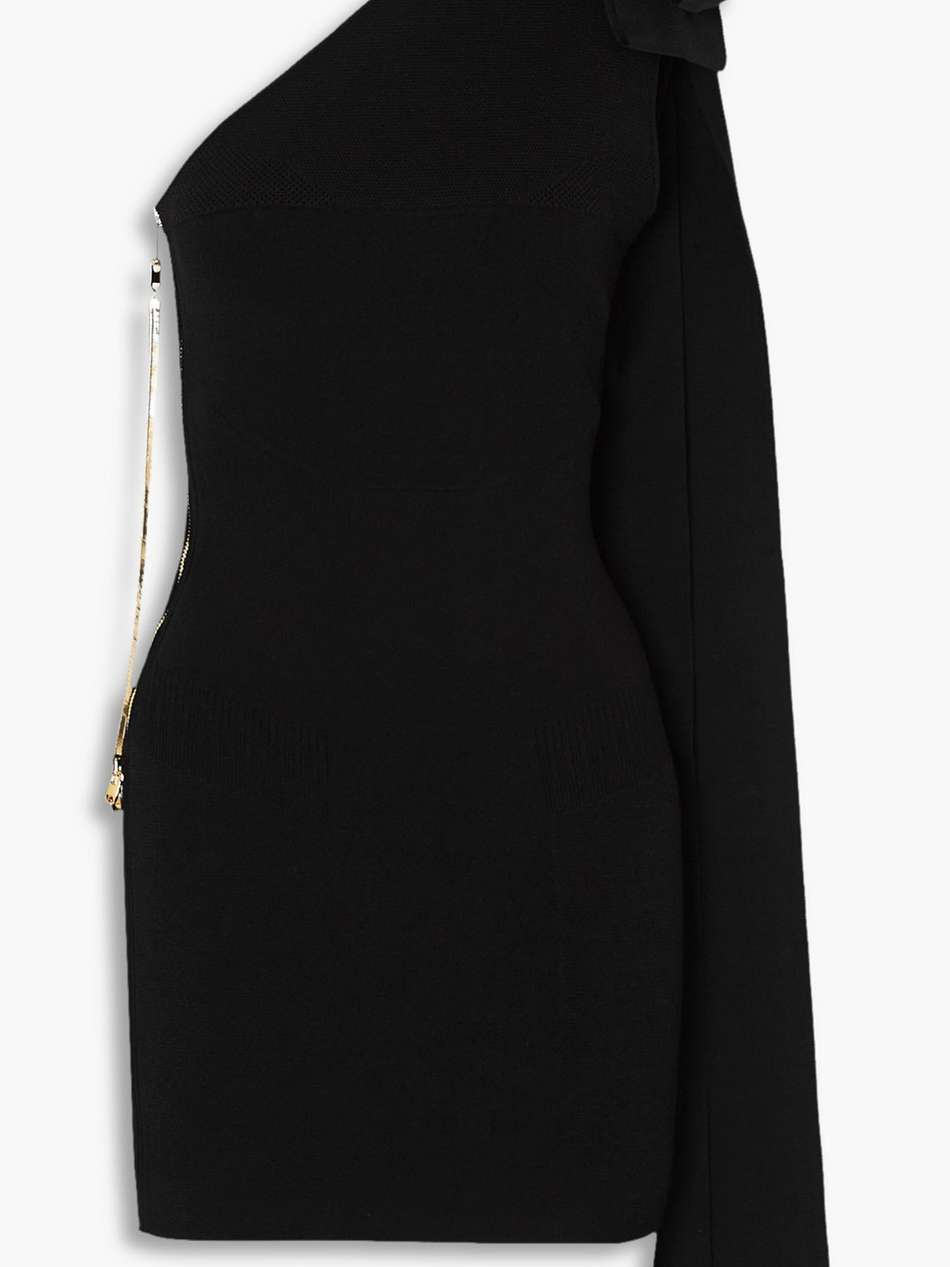 mybody one-shoulder bow-embellished stretch-knit mini dress