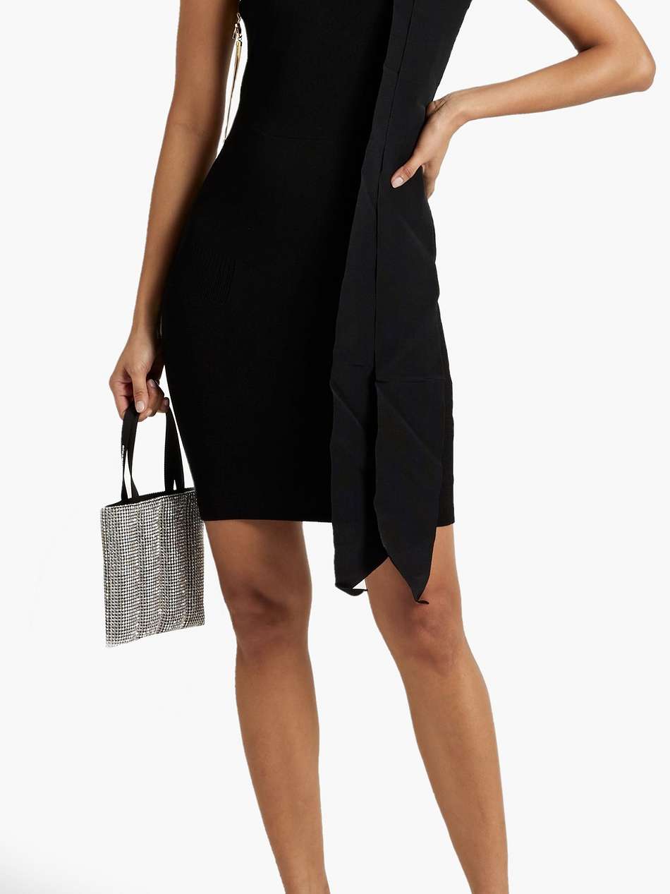 mybody one-shoulder bow-embellished stretch-knit mini dress